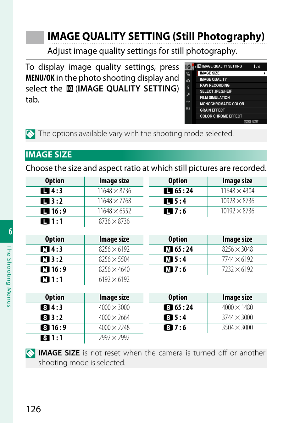 Image quality setting (still photography), Image size | FujiFilm GFX100 II Medium Format Mirrorless Camera User Manual | Page 154 / 500