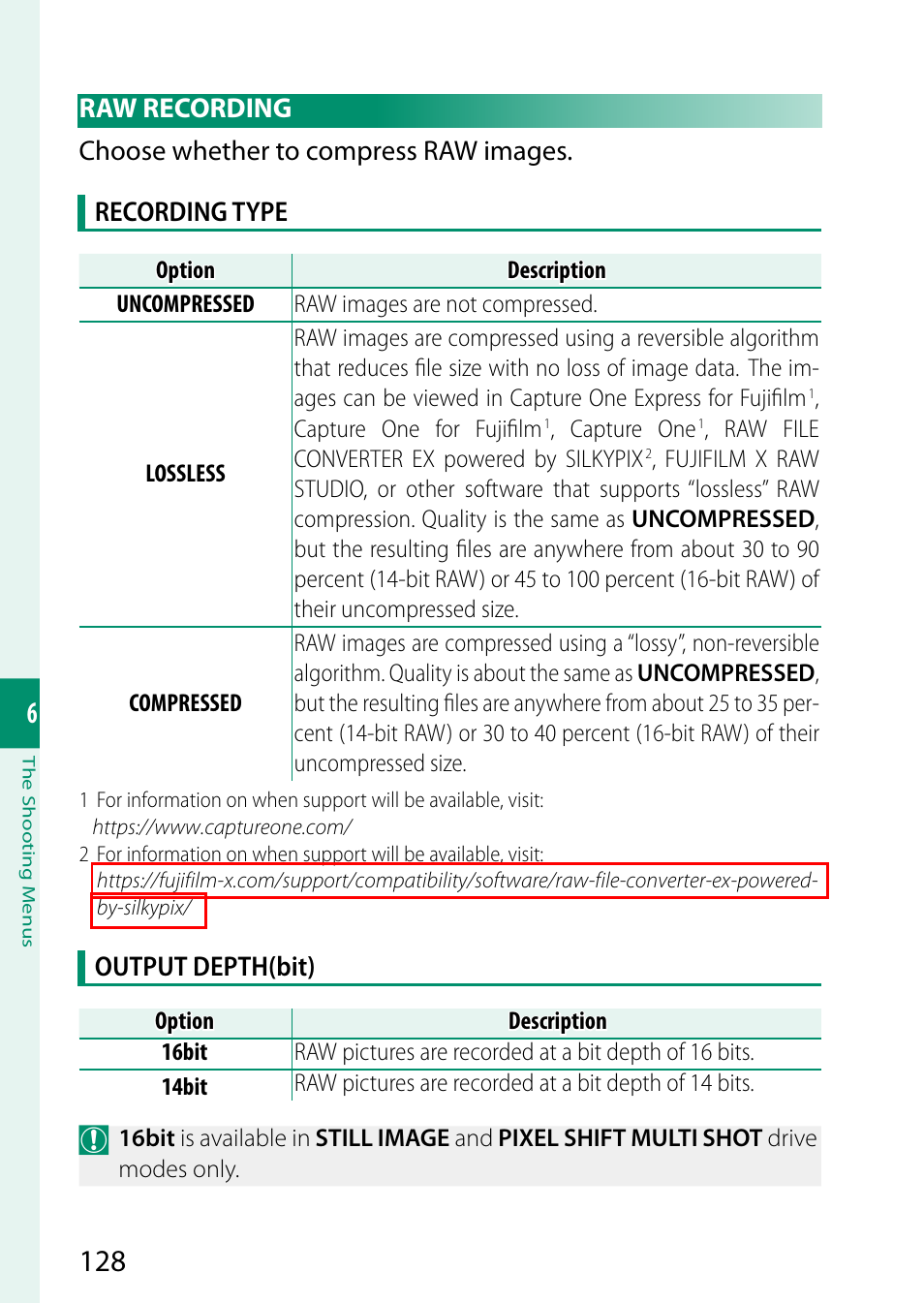 Raw recording, Output depth(bit) | FujiFilm GFX100 II Medium Format Mirrorless Camera User Manual | Page 156 / 500
