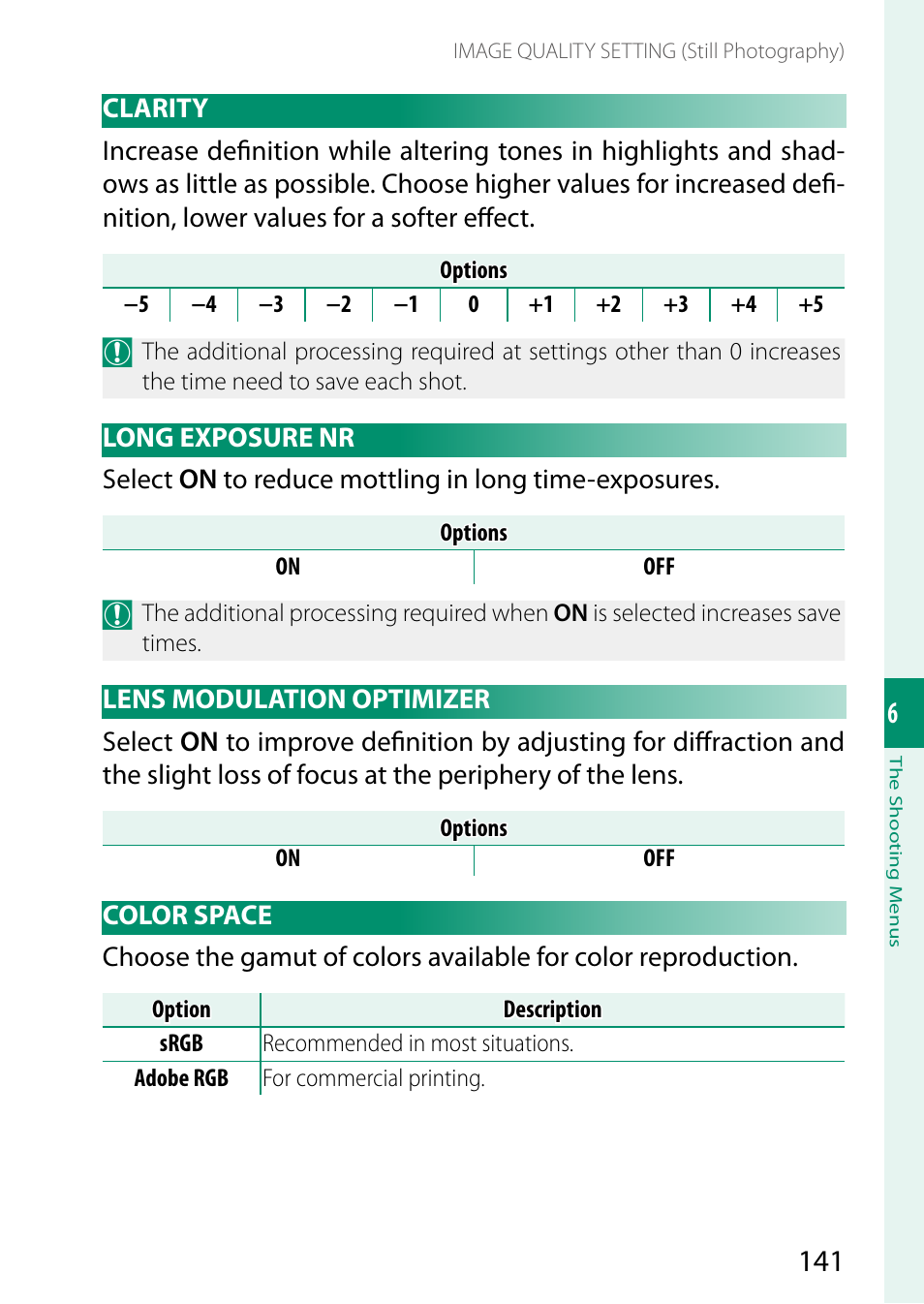 Clarity, Long exposure nr, Lens modulation optimizer | Color space | FujiFilm GFX100 II Medium Format Mirrorless Camera User Manual | Page 169 / 500