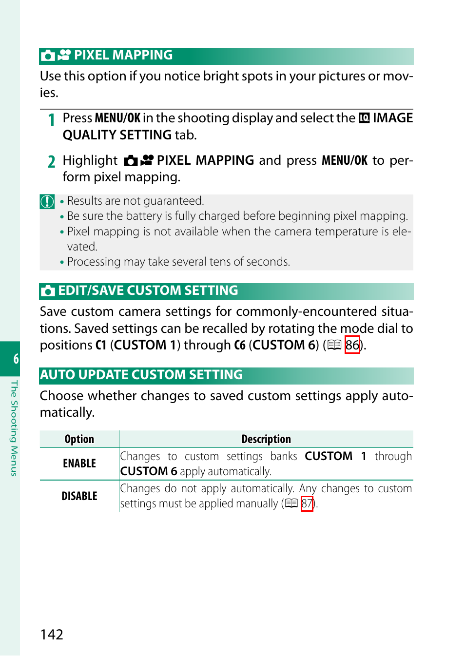 Pixel mapping, Edit/save custom setting, Auto update custom setting | FujiFilm GFX100 II Medium Format Mirrorless Camera User Manual | Page 170 / 500