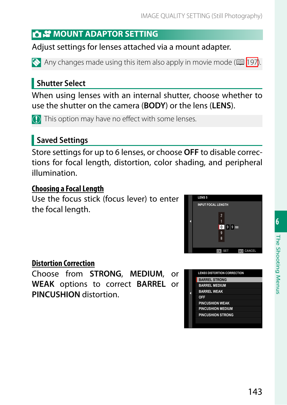 Mount adaptor setting, Distortion correction | FujiFilm GFX100 II Medium Format Mirrorless Camera User Manual | Page 171 / 500