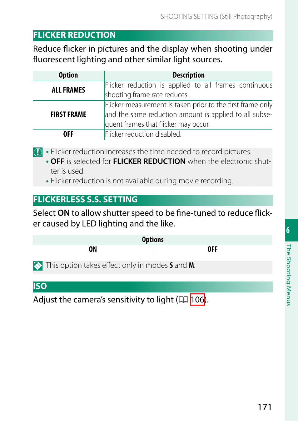 Flicker reduction, Flickerless s.s. setting, Flicker reduction flickerless s.s. setting iso | FujiFilm GFX100 II Medium Format Mirrorless Camera User Manual | Page 199 / 500