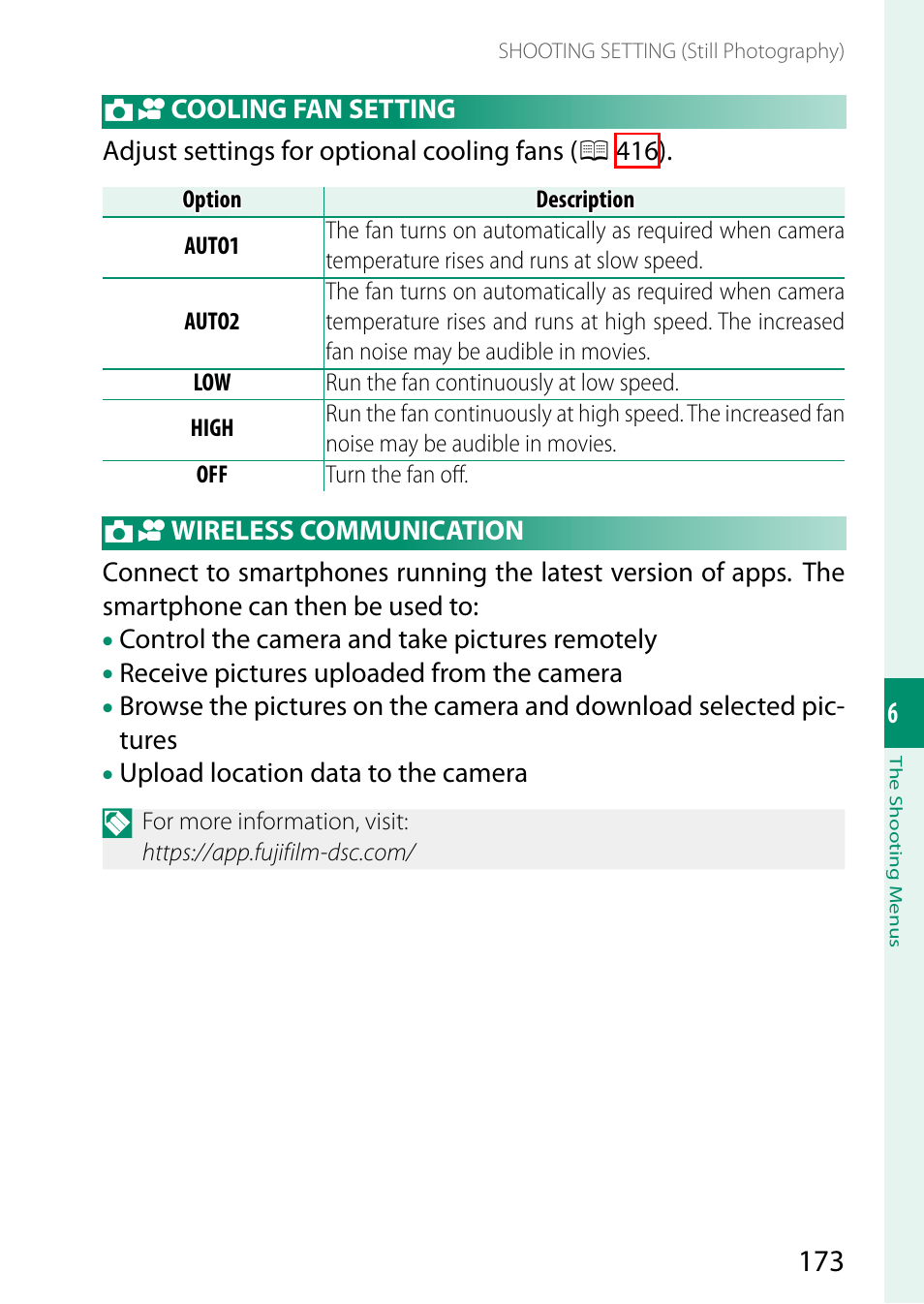Cooling fan setting, Wireless communication | FujiFilm GFX100 II Medium Format Mirrorless Camera User Manual | Page 201 / 500