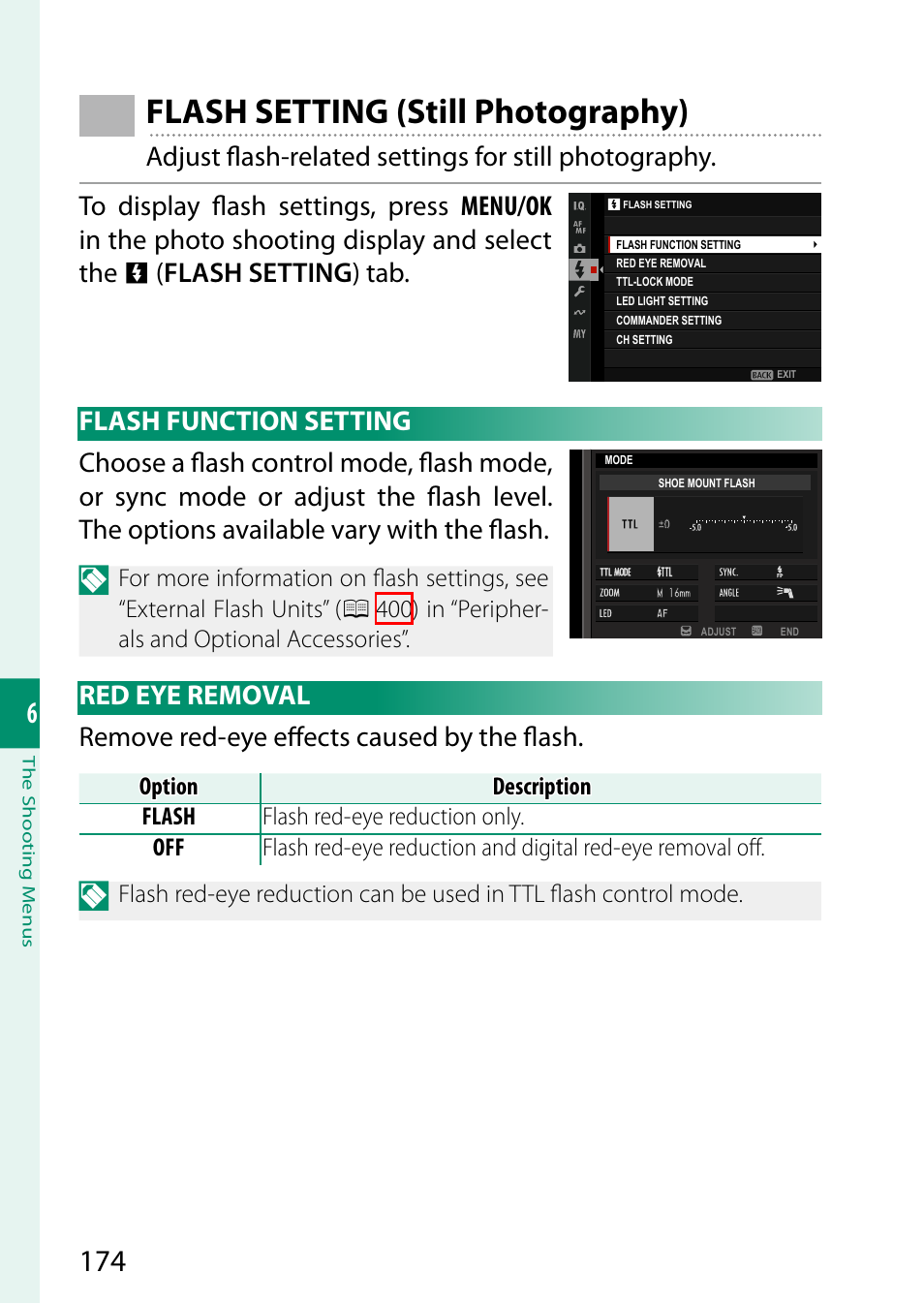 Flash setting (still photography), Flash function setting, Red eye removal | Flash function setting red eye removal | FujiFilm GFX100 II Medium Format Mirrorless Camera User Manual | Page 202 / 500
