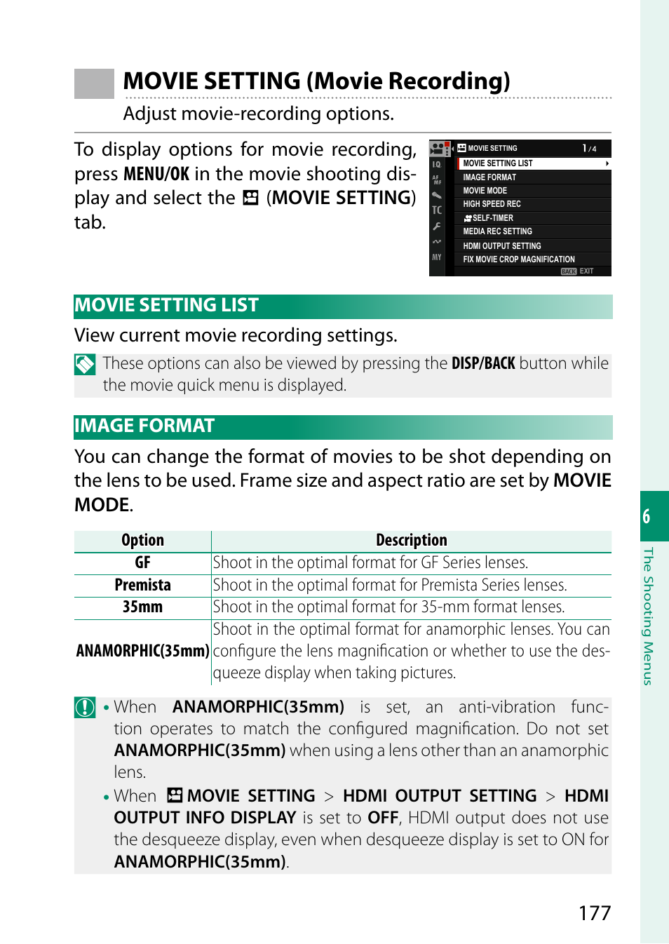 Movie setting (movie recording), Movie setting list, Image format | Movie setting list image format | FujiFilm GFX100 II Medium Format Mirrorless Camera User Manual | Page 205 / 500