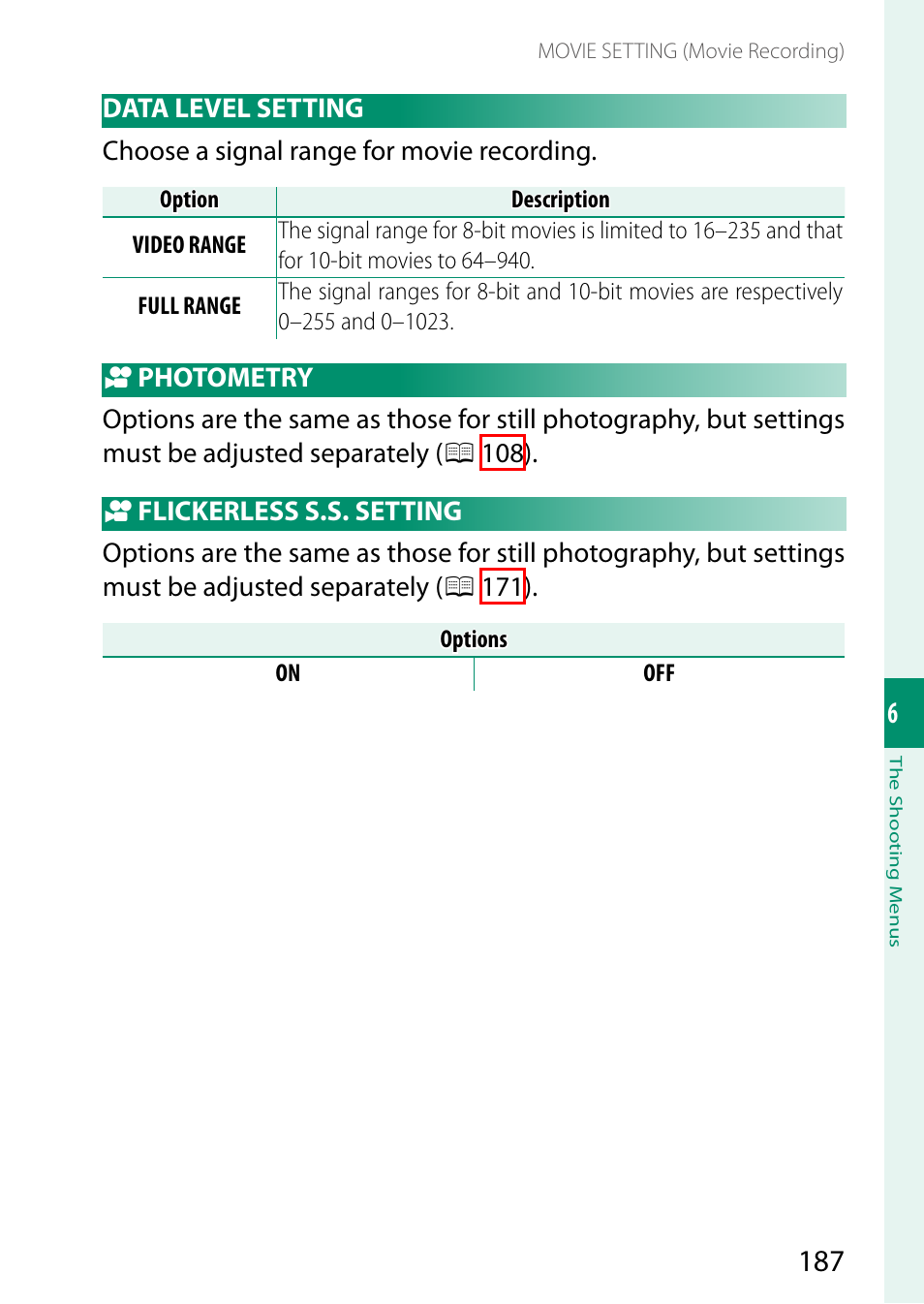 Data level setting, Photometry, Flickerless s.s. setting | FujiFilm GFX100 II Medium Format Mirrorless Camera User Manual | Page 215 / 500