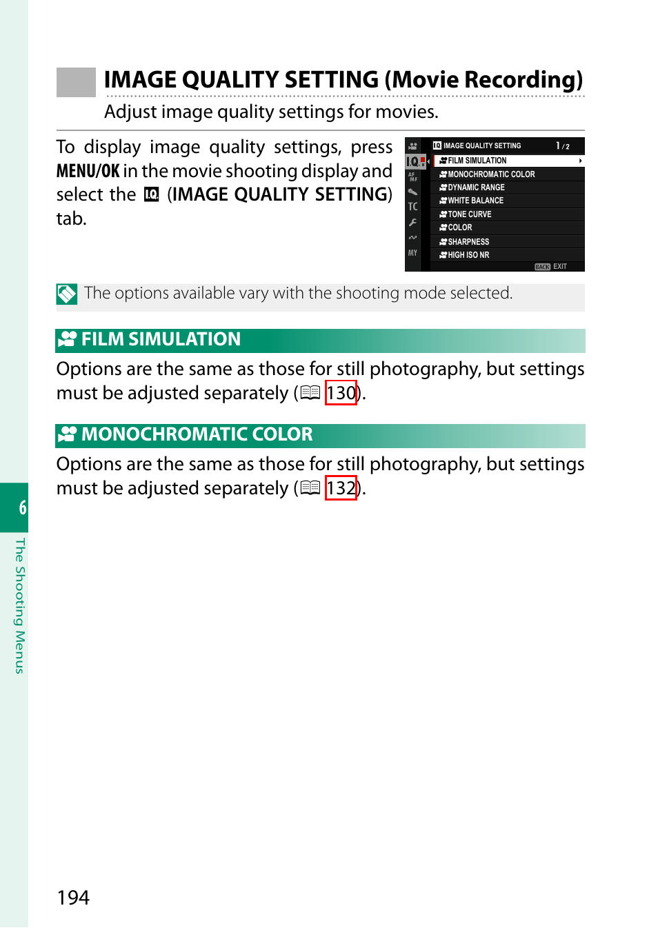 Image quality setting (movie recording), Film simulation, Monochromatic color | FujiFilm GFX100 II Medium Format Mirrorless Camera User Manual | Page 222 / 500