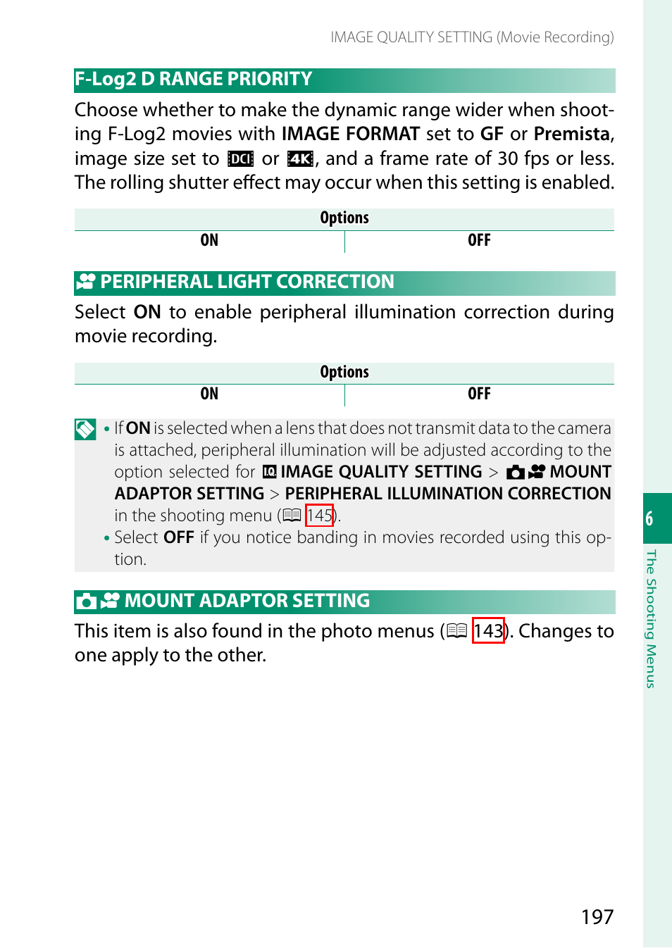 F-log2 d range priority, Peripheral light correction, Mount adaptor setting | FujiFilm GFX100 II Medium Format Mirrorless Camera User Manual | Page 225 / 500