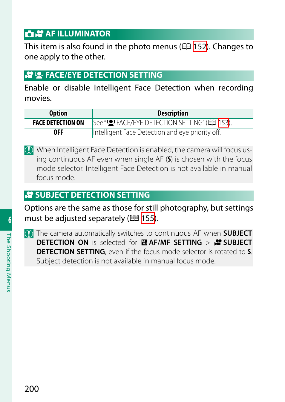 Af illuminator, Face/eye detection setting, Subject detection setting | FujiFilm GFX100 II Medium Format Mirrorless Camera User Manual | Page 228 / 500