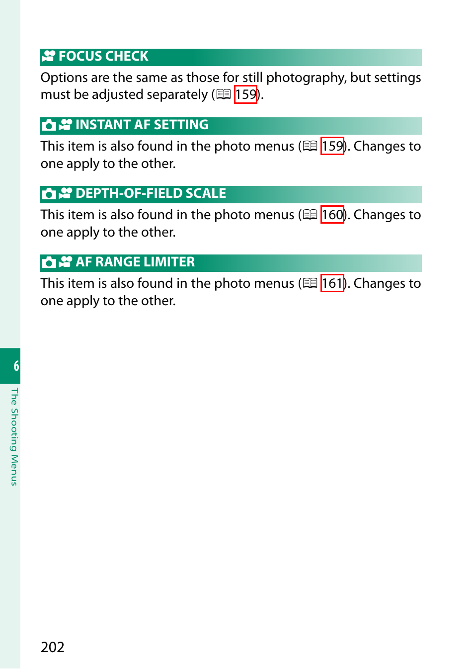 Focus check, Instant af setting, Depth-of-field scale | Af range limiter | FujiFilm GFX100 II Medium Format Mirrorless Camera User Manual | Page 230 / 500