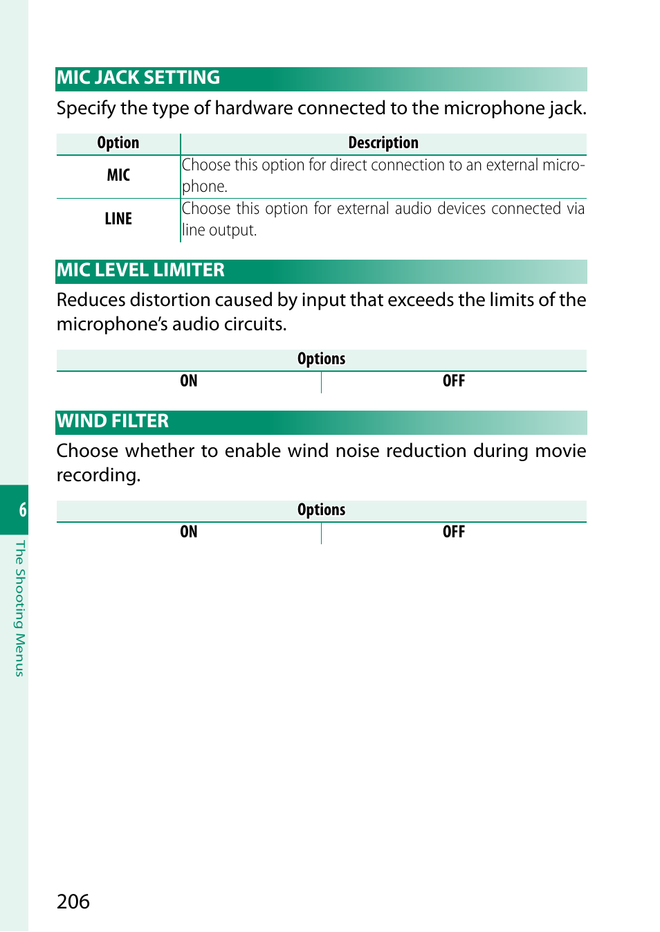 Mic jack setting, Mic level limiter, Wind filter | Mic jack setting mic level limiter wind filter | FujiFilm GFX100 II Medium Format Mirrorless Camera User Manual | Page 234 / 500
