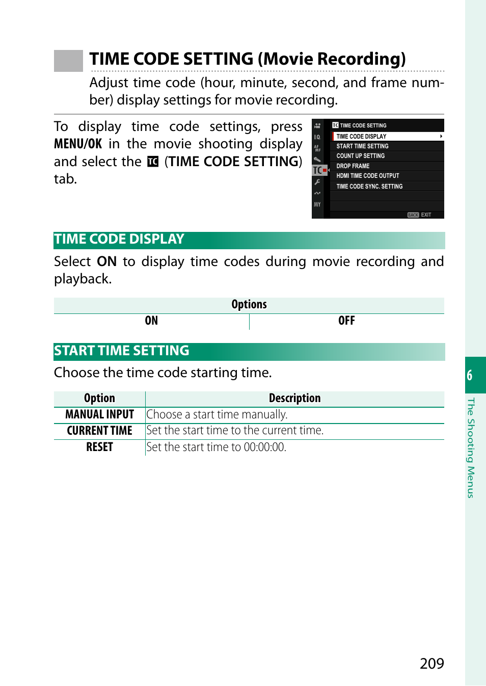Time code setting (movie recording), Time code display, Start time setting | Time code display start time setting | FujiFilm GFX100 II Medium Format Mirrorless Camera User Manual | Page 237 / 500