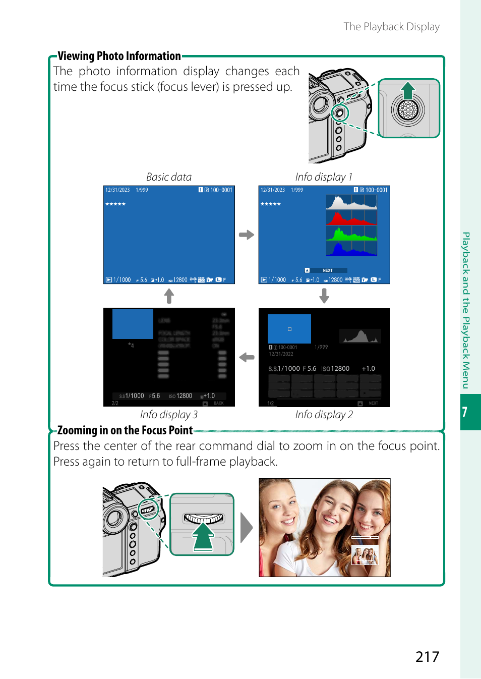 The playback display, Basic data info display 1, Info display 3 info display 2 | FujiFilm GFX100 II Medium Format Mirrorless Camera User Manual | Page 245 / 500