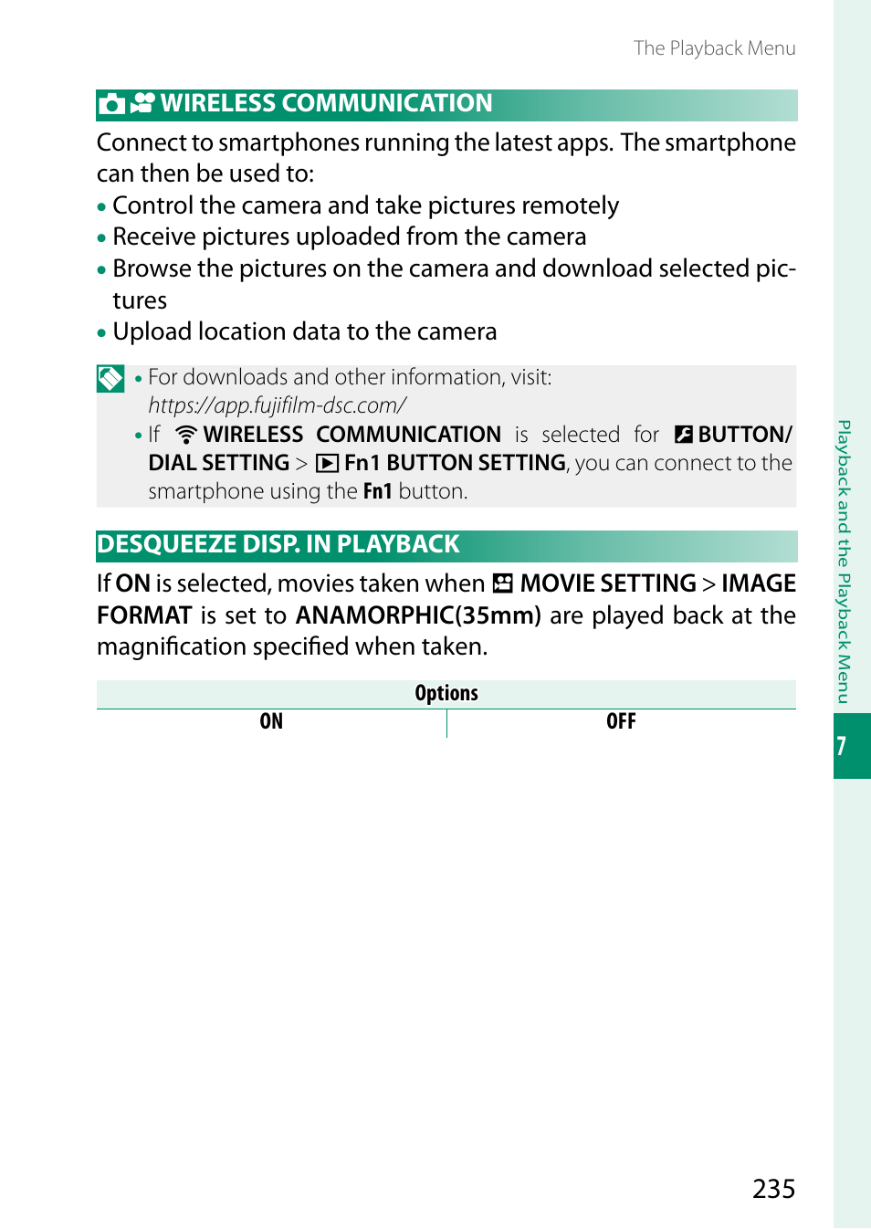 Wireless communication, Desqueeze disp. in playback | FujiFilm GFX100 II Medium Format Mirrorless Camera User Manual | Page 263 / 500