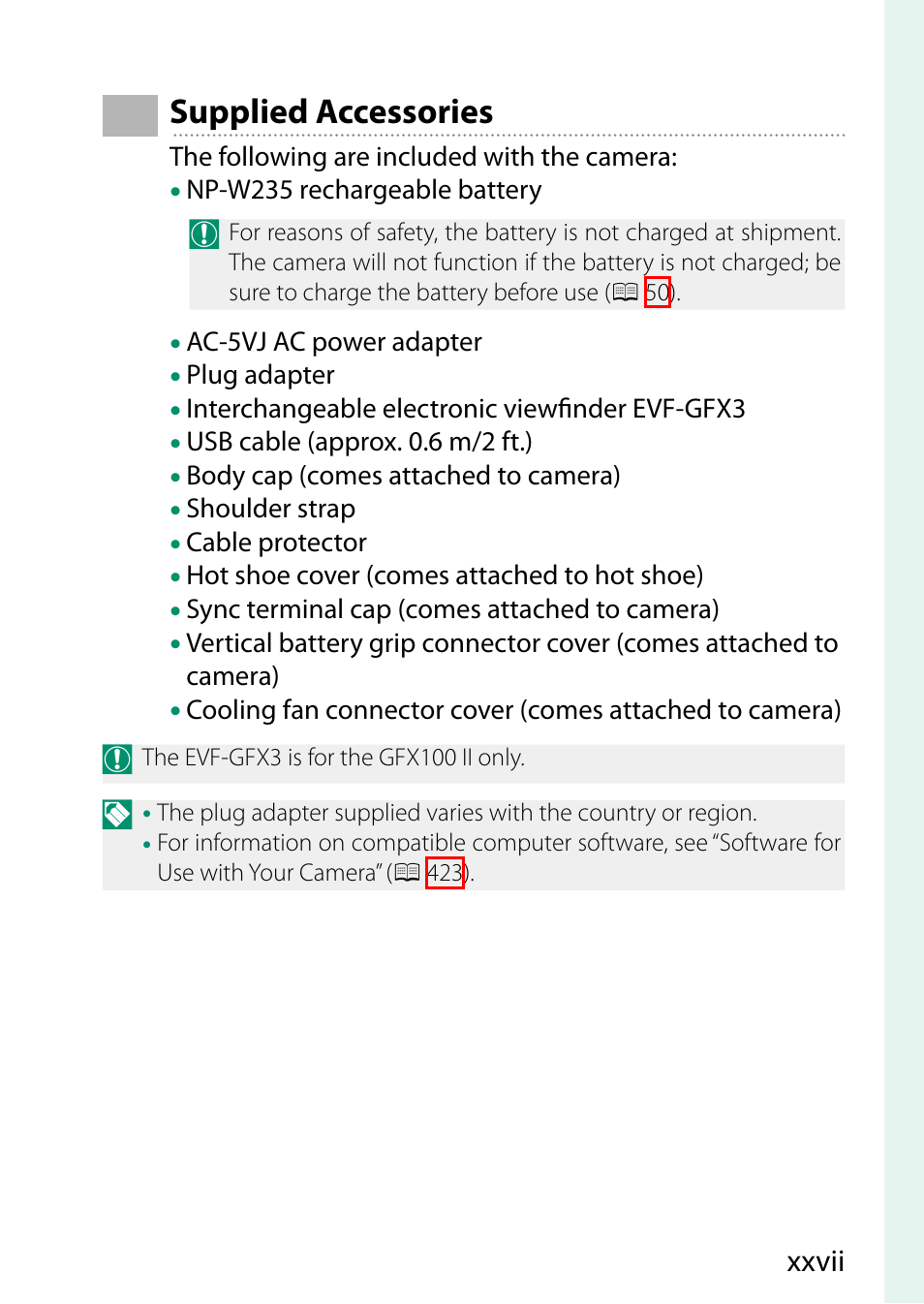 Supplied accessories | FujiFilm GFX100 II Medium Format Mirrorless Camera User Manual | Page 27 / 500