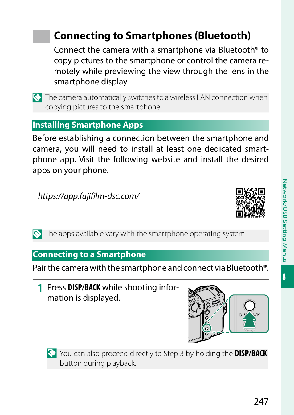 Connecting to smartphones (bluetooth), Installing smartphone apps, Connecting to a smartphone | FujiFilm GFX100 II Medium Format Mirrorless Camera User Manual | Page 275 / 500