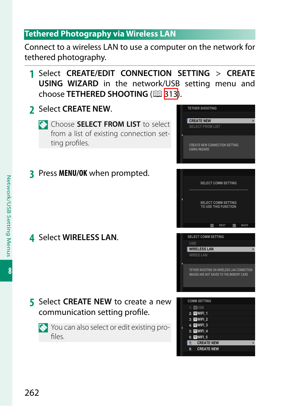 Tethered photography via wireless lan, Select create new, Press menu/ok when prompted | Select wireless lan | FujiFilm GFX100 II Medium Format Mirrorless Camera User Manual | Page 290 / 500