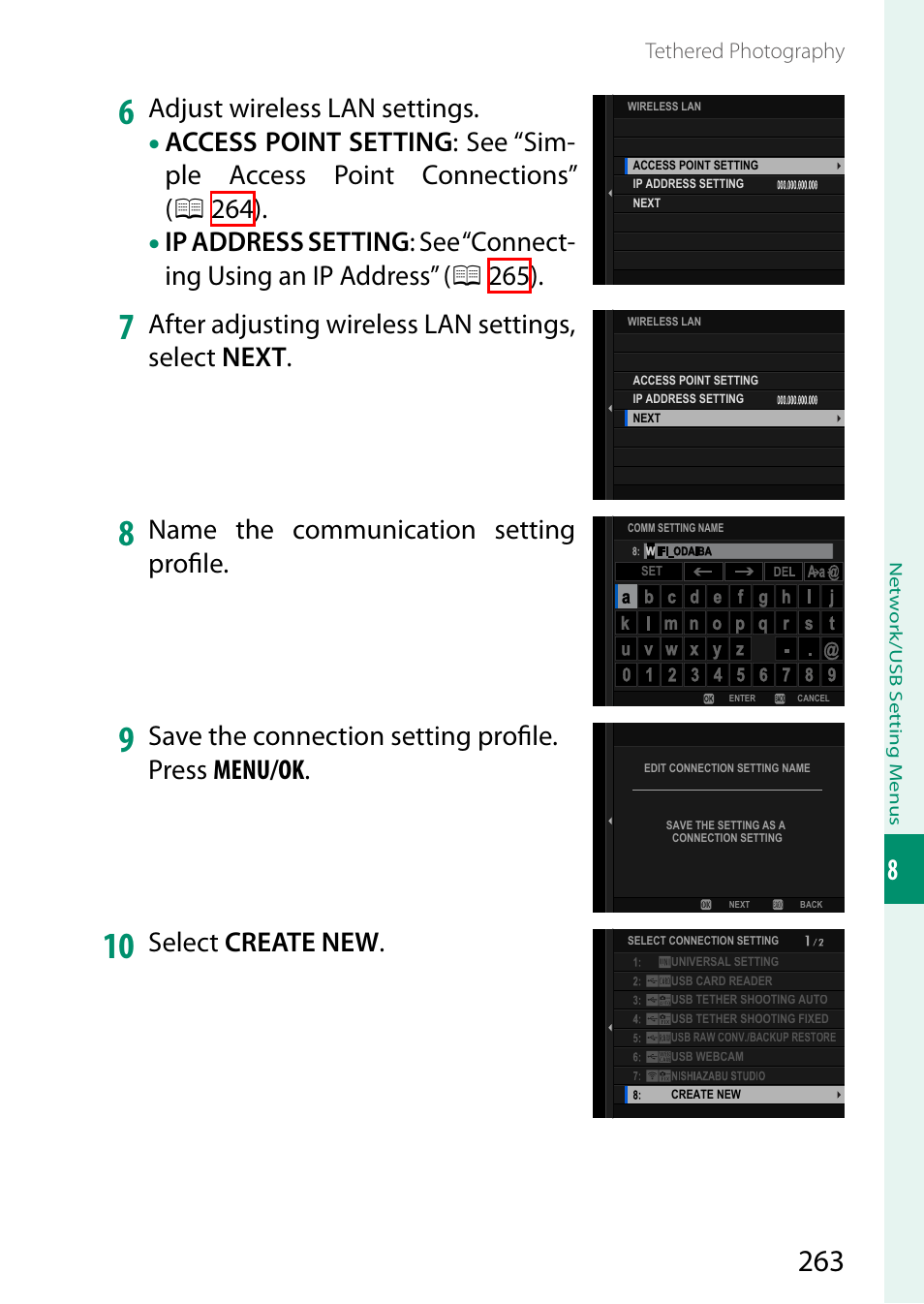 Adjust wireless lan settings, After adjusting wireless lan settings, select next, Name the communication setting profi le | Select create new | FujiFilm GFX100 II Medium Format Mirrorless Camera User Manual | Page 291 / 500