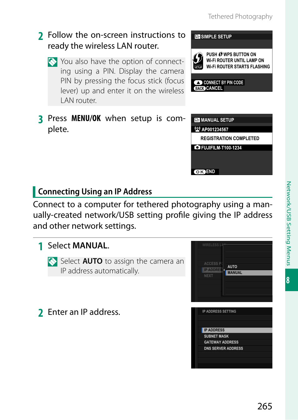 Press menu/ok when setup is com- plete, Select manual, Enter an ip address | FujiFilm GFX100 II Medium Format Mirrorless Camera User Manual | Page 293 / 500