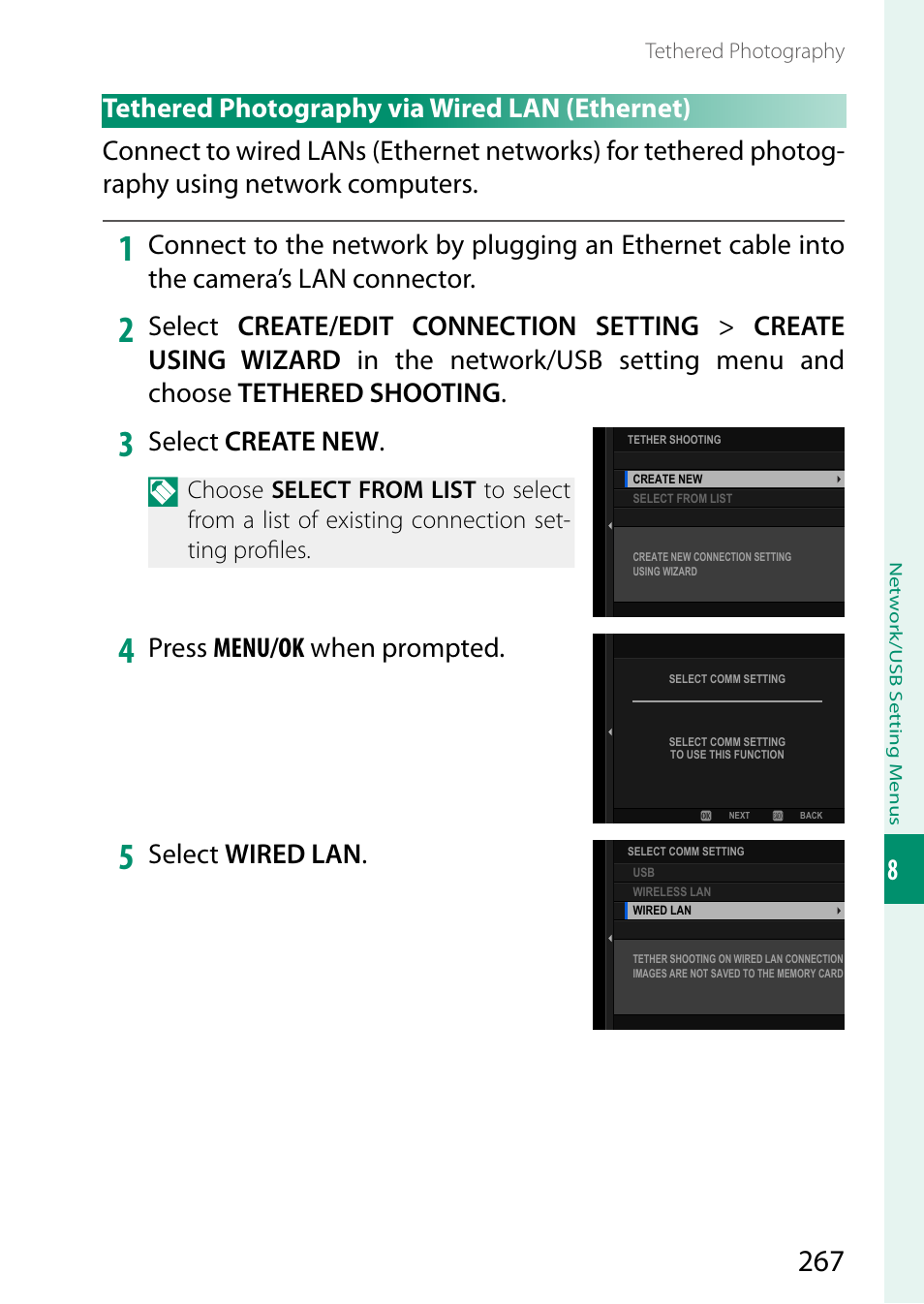 Tethered photography via wired lan (ethernet), Select create new, Press menu/ok when prompted | Select wired lan | FujiFilm GFX100 II Medium Format Mirrorless Camera User Manual | Page 295 / 500