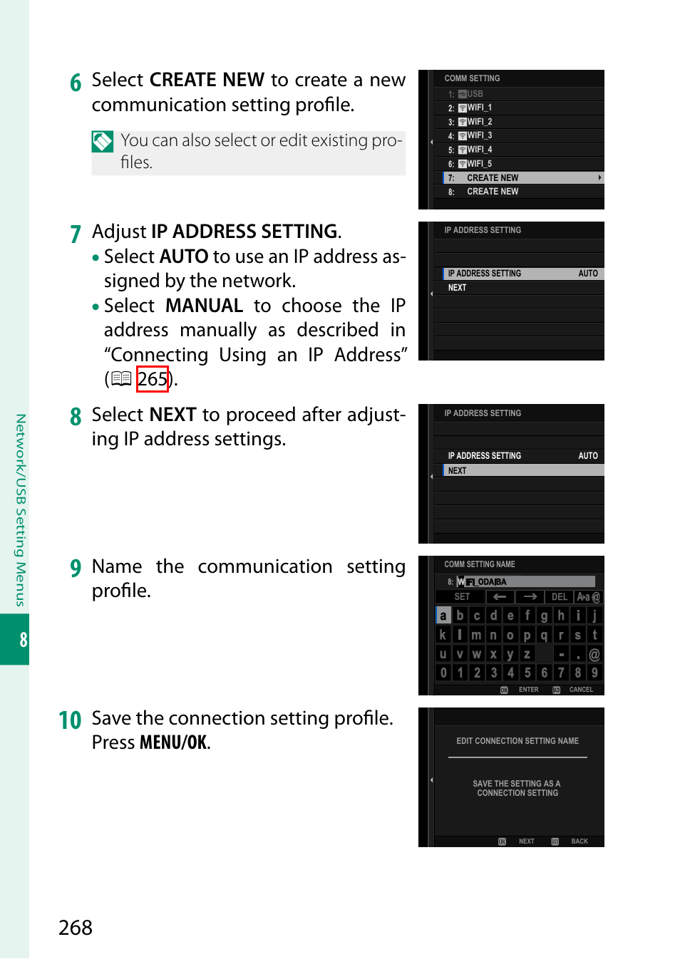 Adjust ip address setting, Name the communication setting profi le | FujiFilm GFX100 II Medium Format Mirrorless Camera User Manual | Page 296 / 500