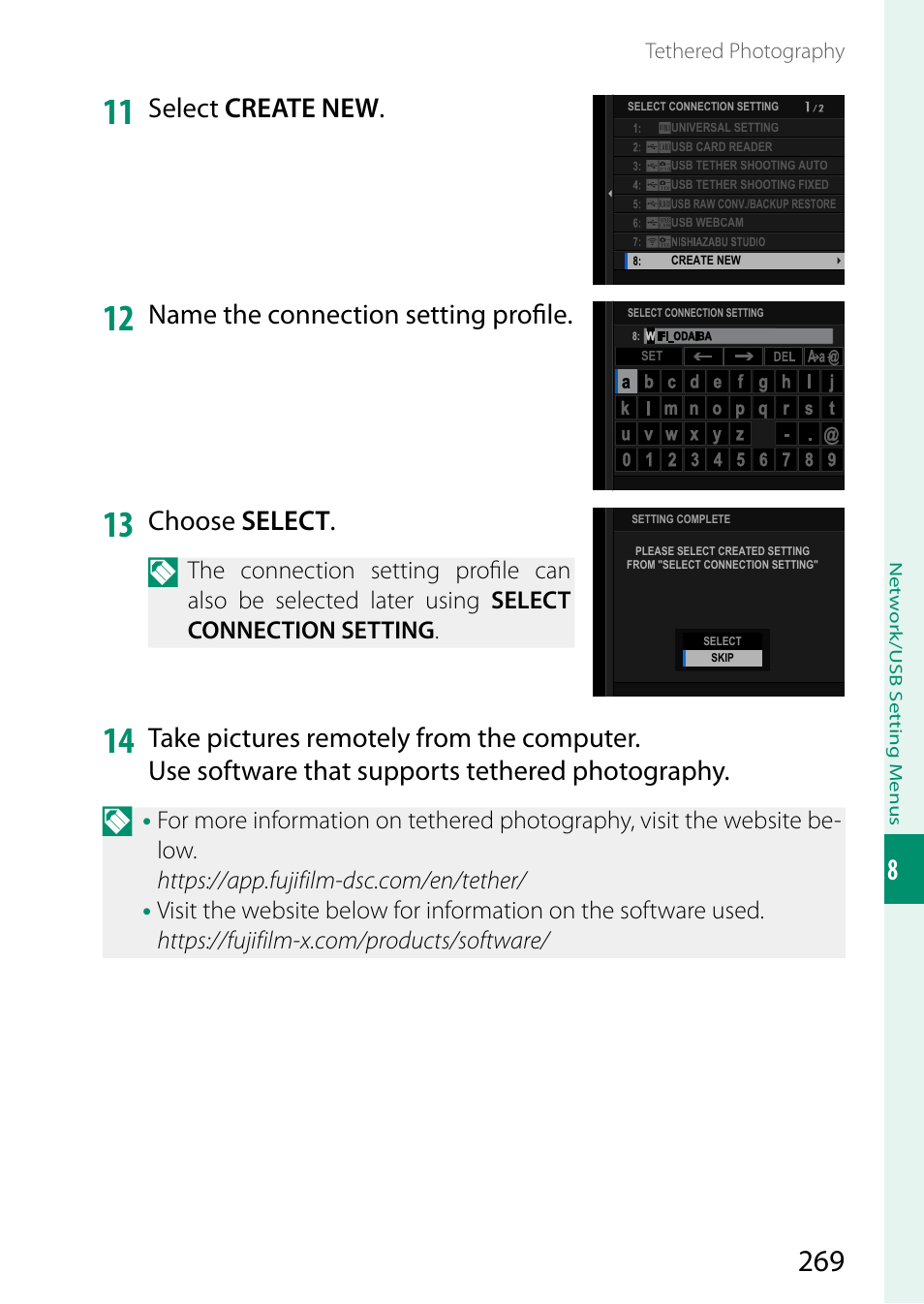Select create new, Name the connection setting profi le, Choose select | FujiFilm GFX100 II Medium Format Mirrorless Camera User Manual | Page 297 / 500