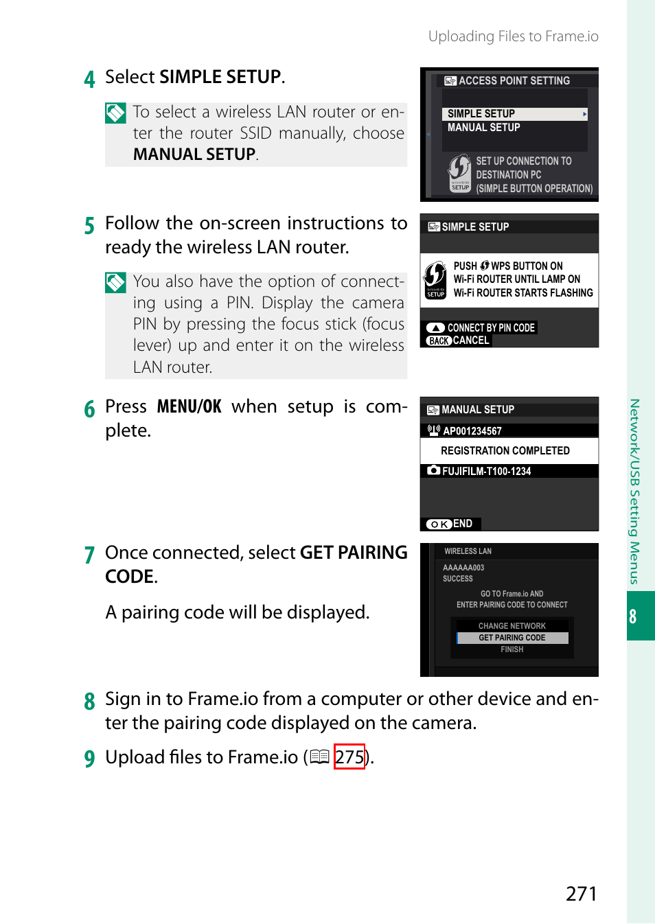 Select simple setup, Press menu/ok when setup is com- plete, Upload fi les to frame.io ( p 275 ) | FujiFilm GFX100 II Medium Format Mirrorless Camera User Manual | Page 299 / 500