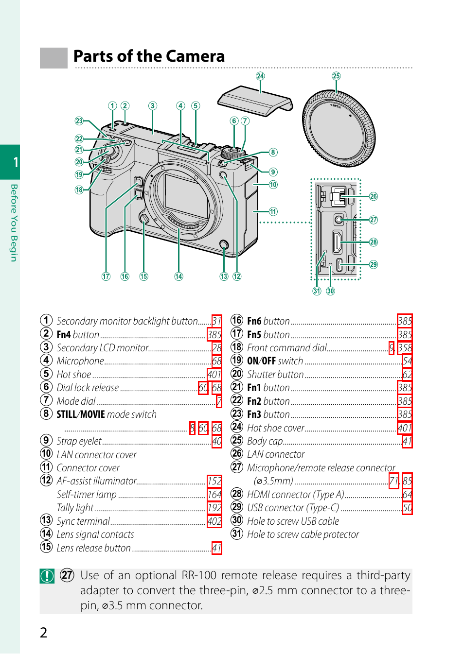 Parts of the camera | FujiFilm GFX100 II Medium Format Mirrorless Camera User Manual | Page 30 / 500