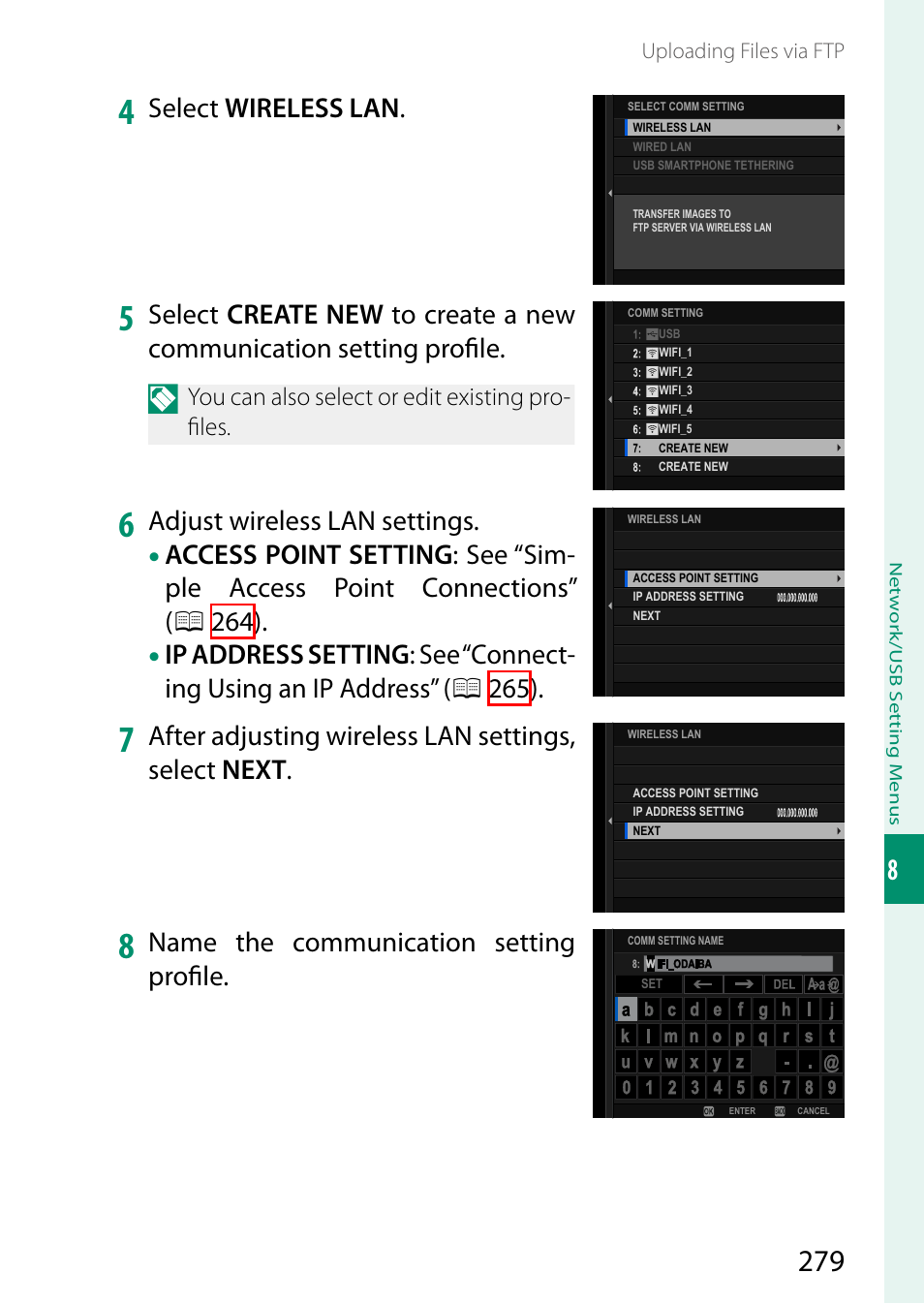 Select wireless lan, Adjust wireless lan settings, After adjusting wireless lan settings, select next | Name the communication setting profi le | FujiFilm GFX100 II Medium Format Mirrorless Camera User Manual | Page 307 / 500