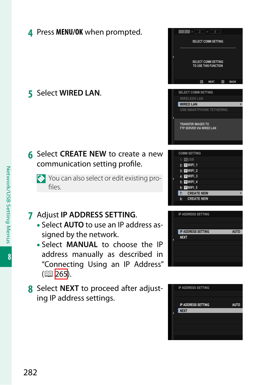 Press menu/ok when prompted, Select wired lan, Adjust ip address setting | FujiFilm GFX100 II Medium Format Mirrorless Camera User Manual | Page 310 / 500