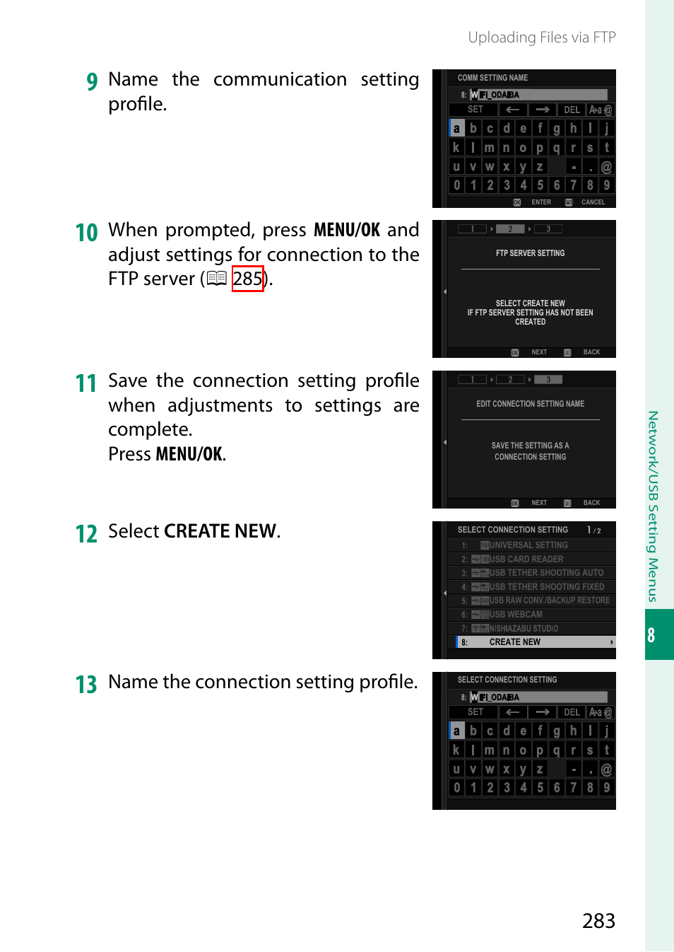 Name the communication setting profi le, Select create new, Name the connection setting profi le | FujiFilm GFX100 II Medium Format Mirrorless Camera User Manual | Page 311 / 500