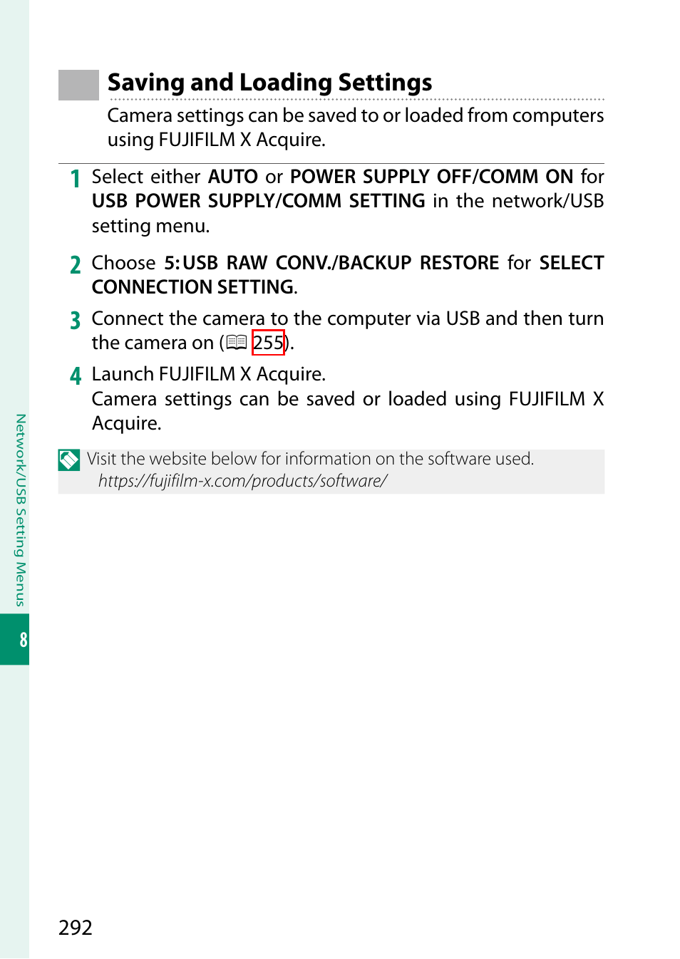 Saving and loading settings | FujiFilm GFX100 II Medium Format Mirrorless Camera User Manual | Page 320 / 500
