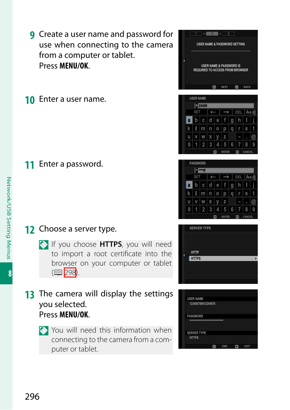 Enter a user name, Enter a password, Choose a server type | FujiFilm GFX100 II Medium Format Mirrorless Camera User Manual | Page 324 / 500