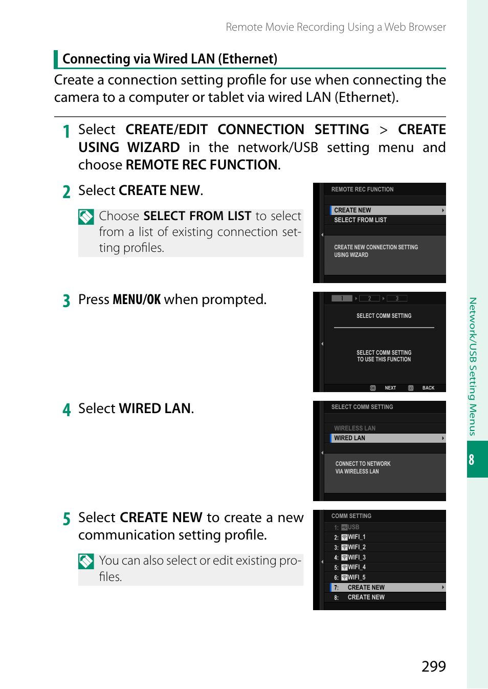 Select create new, Press menu/ok when prompted, Select wired lan | FujiFilm GFX100 II Medium Format Mirrorless Camera User Manual | Page 327 / 500