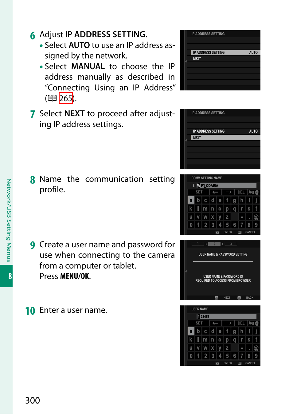 Adjust ip address setting, Name the communication setting profi le, Enter a user name | FujiFilm GFX100 II Medium Format Mirrorless Camera User Manual | Page 328 / 500