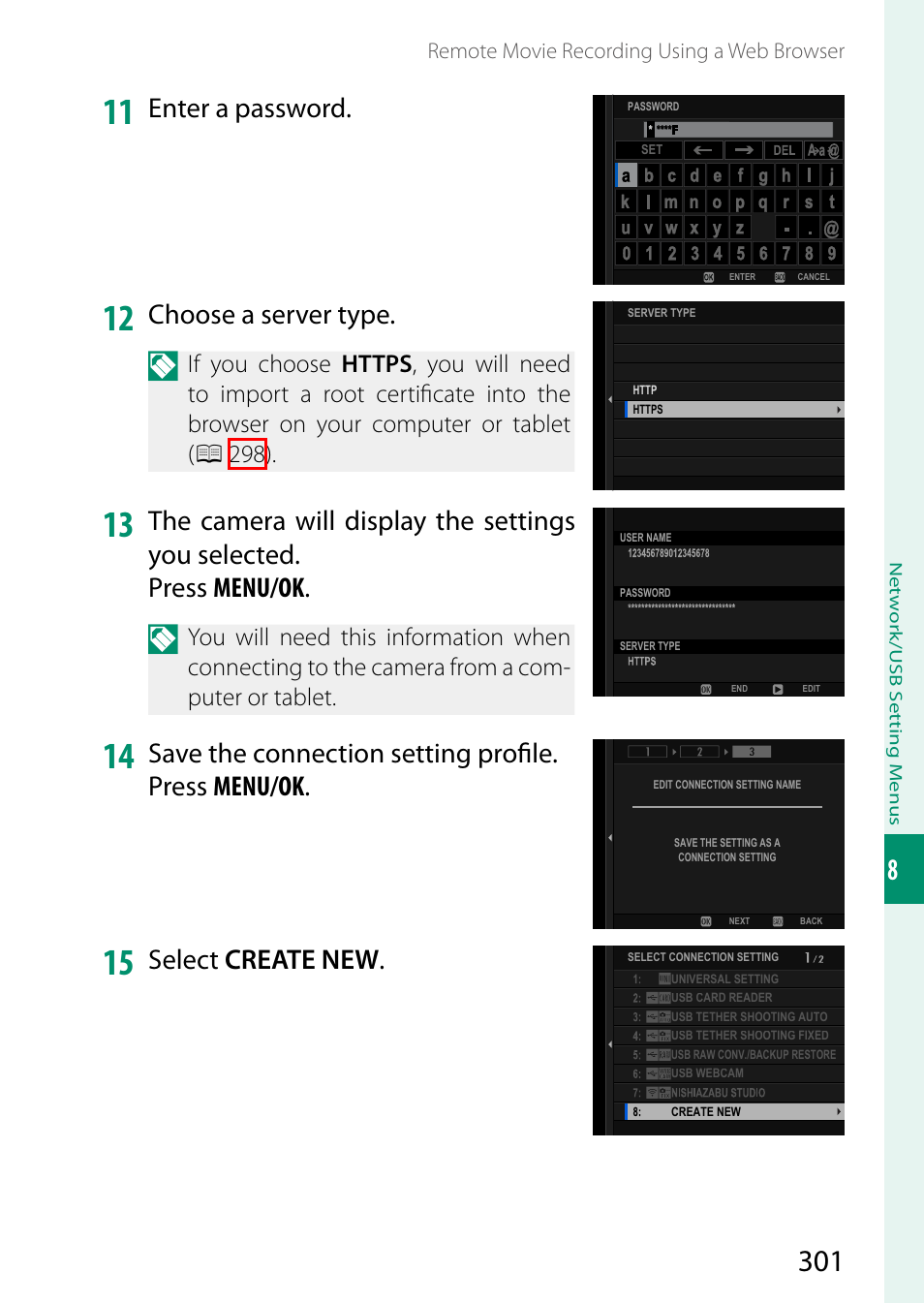 Enter a password, Choose a server type, Select create new | FujiFilm GFX100 II Medium Format Mirrorless Camera User Manual | Page 329 / 500