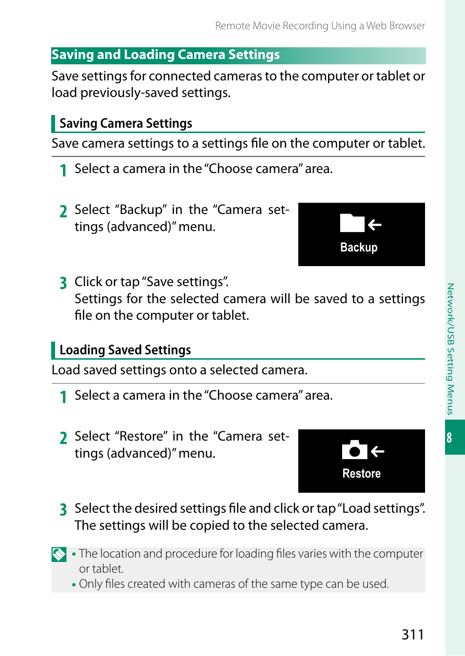 Saving and loading camera settings | FujiFilm GFX100 II Medium Format Mirrorless Camera User Manual | Page 339 / 500