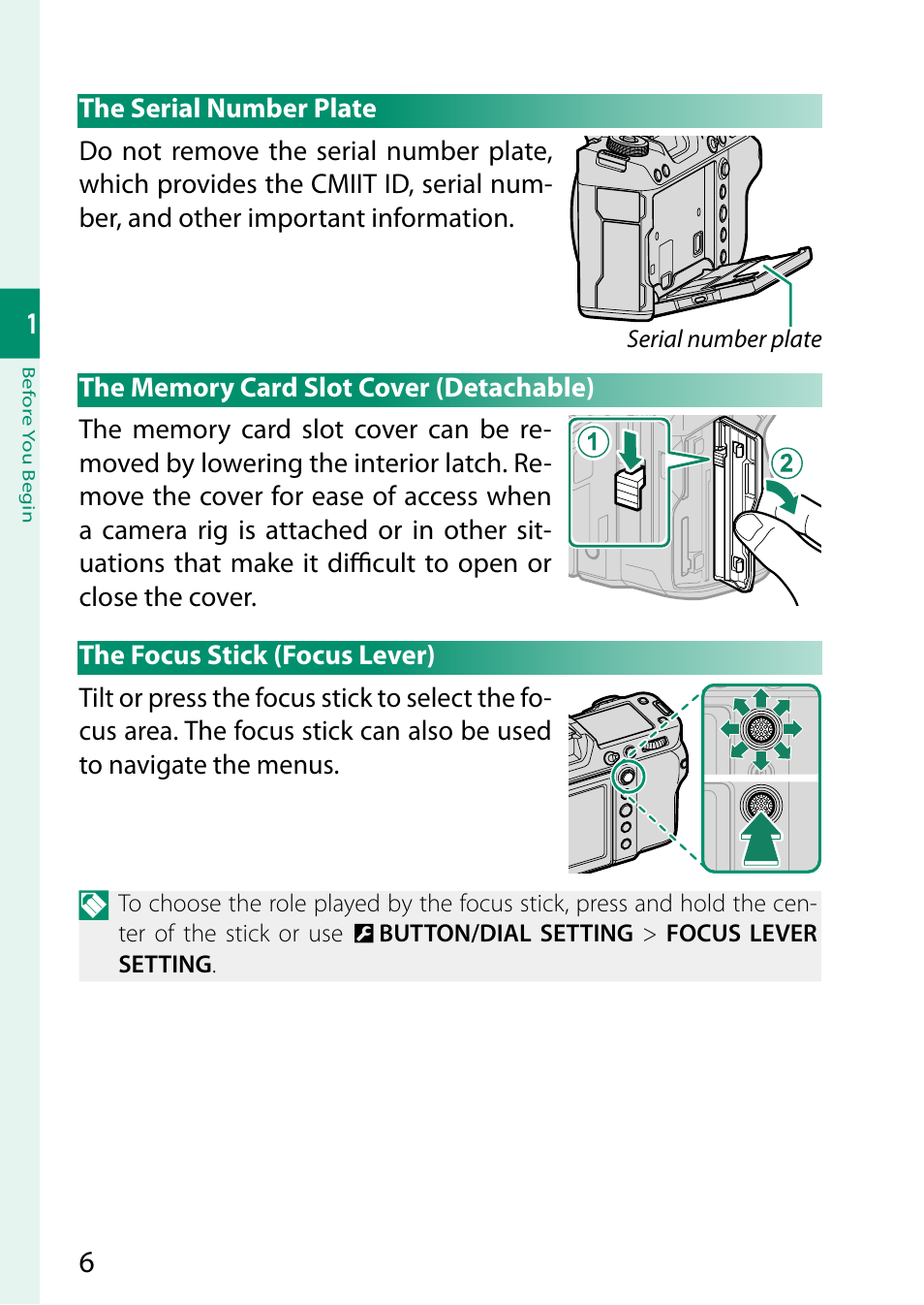 The serial number plate, The memory card slot cover (detachable), The focus stick (focus lever) | FujiFilm GFX100 II Medium Format Mirrorless Camera User Manual | Page 34 / 500