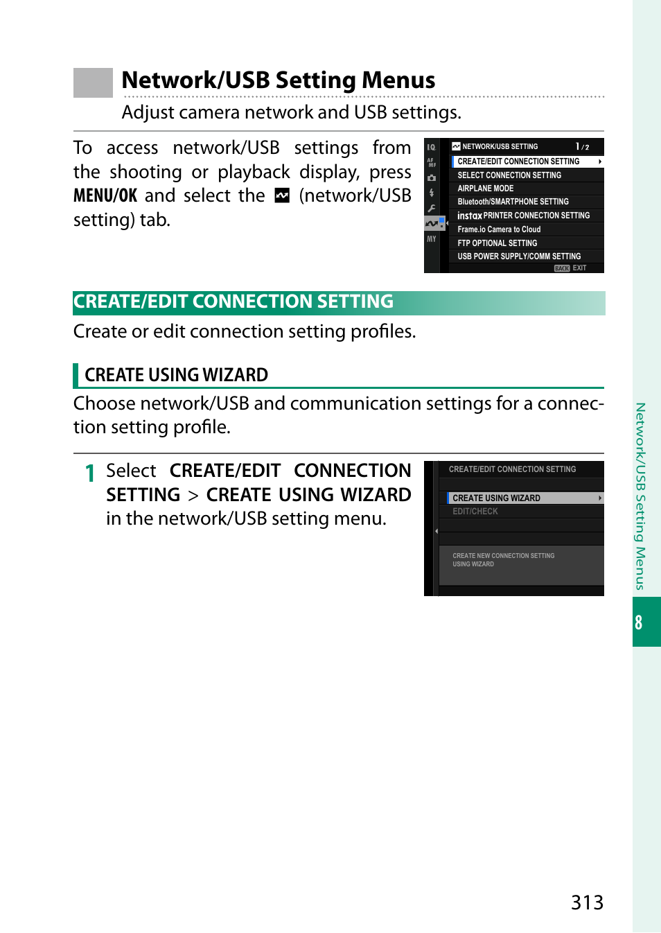 Network/usb setting menus, Create/edit connection setting | FujiFilm GFX100 II Medium Format Mirrorless Camera User Manual | Page 341 / 500