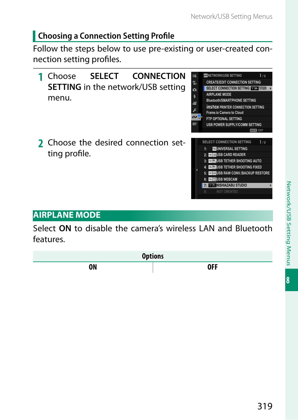 Airplane mode, Choose the desired connection set- ting profi le, Options | Options on off | FujiFilm GFX100 II Medium Format Mirrorless Camera User Manual | Page 347 / 500