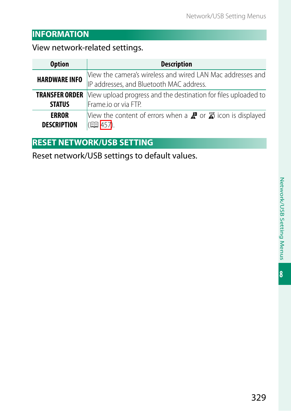 Information, Reset network/usb setting, Information reset network/usb setting | FujiFilm GFX100 II Medium Format Mirrorless Camera User Manual | Page 357 / 500