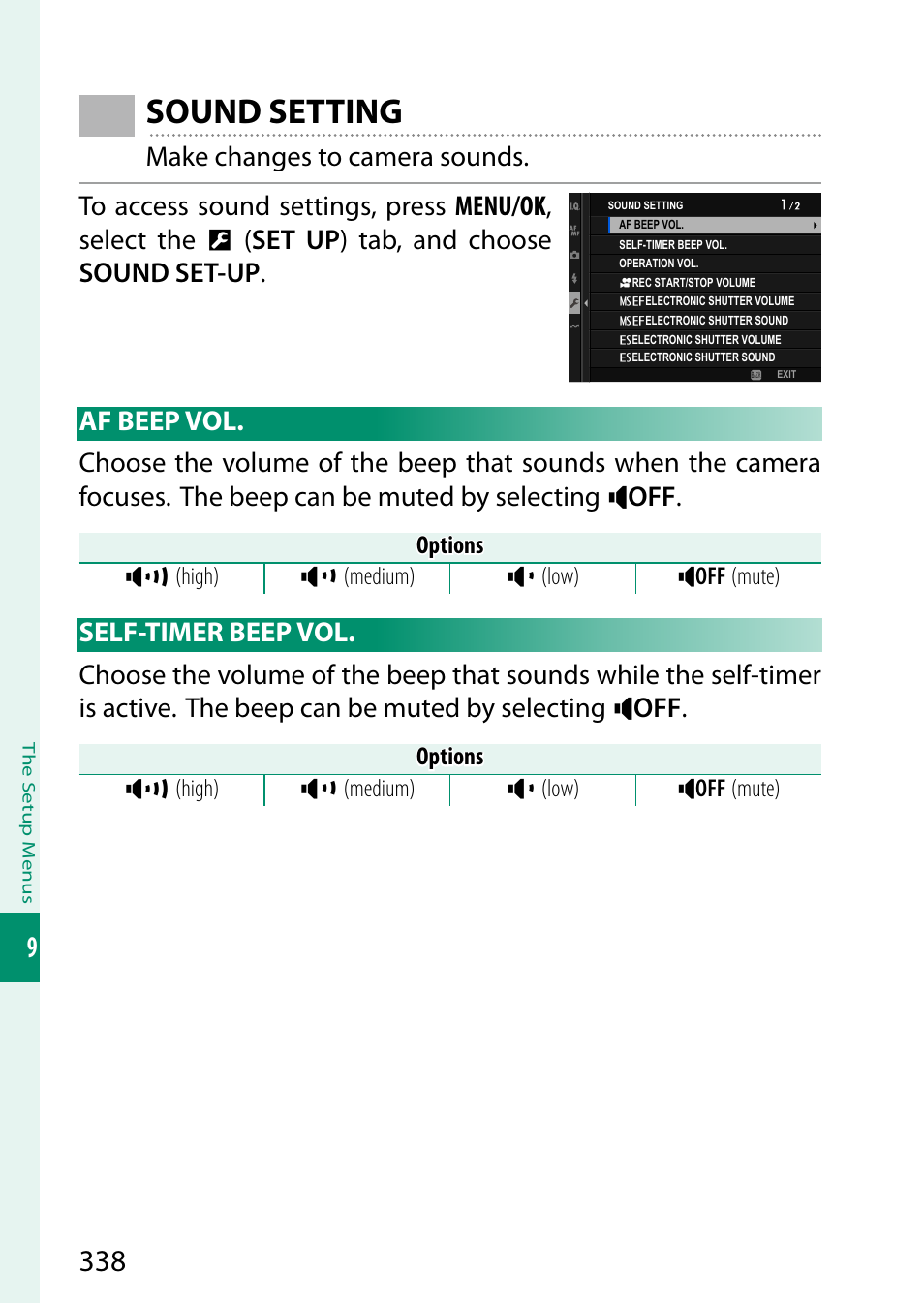 Sound setting, Af beep vol, Self-timer beep vol | Af beep vol self-timer beep vol | FujiFilm GFX100 II Medium Format Mirrorless Camera User Manual | Page 366 / 500