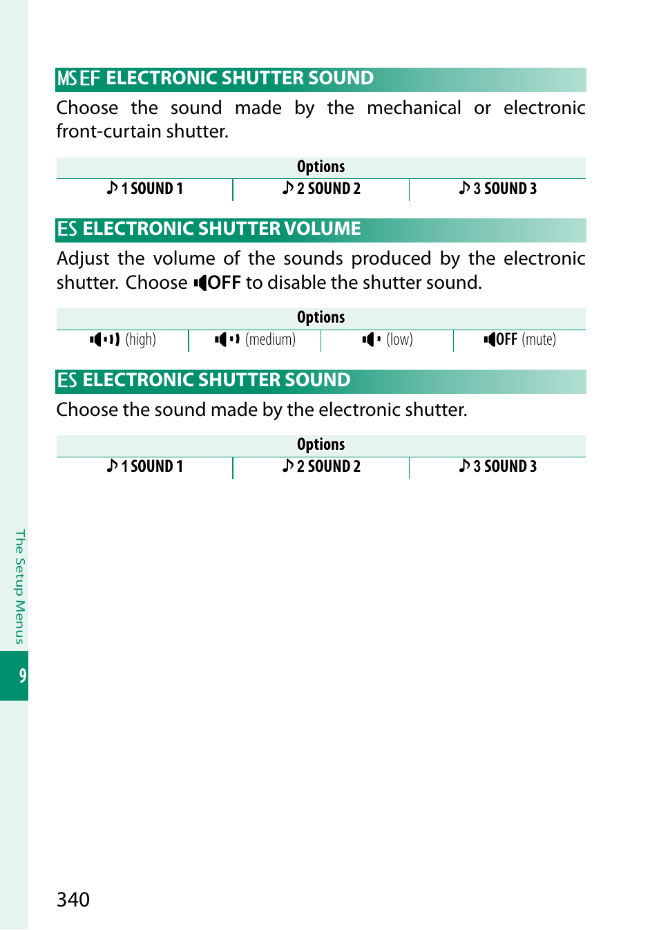 Electronic shutter sound, Electronic shutter volume | FujiFilm GFX100 II Medium Format Mirrorless Camera User Manual | Page 368 / 500
