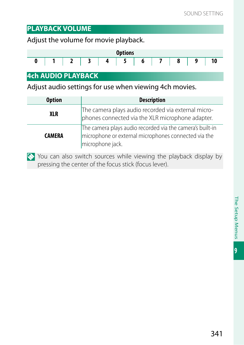 Playback volume, 4ch audio playback, Playback volume 4ch audio playback | FujiFilm GFX100 II Medium Format Mirrorless Camera User Manual | Page 369 / 500