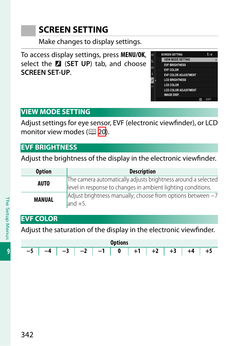 Screen setting, View mode setting, Evf brightness | Evf color, View mode setting evf brightness evf color | FujiFilm GFX100 II Medium Format Mirrorless Camera User Manual | Page 370 / 500