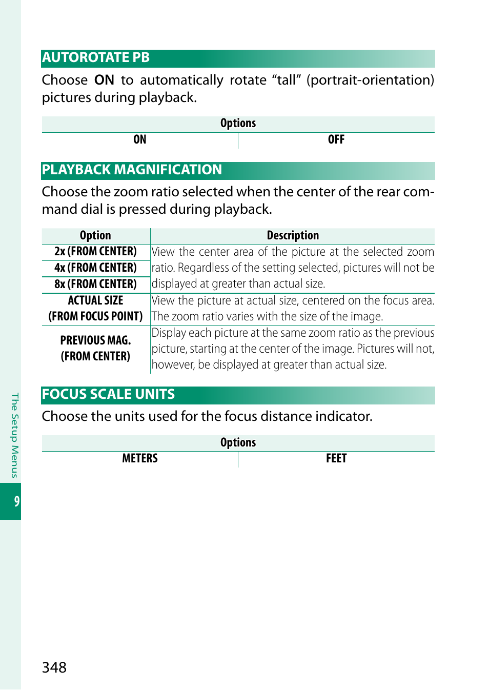 Autorotate pb, Playback magnification, Focus scale units | FujiFilm GFX100 II Medium Format Mirrorless Camera User Manual | Page 376 / 500