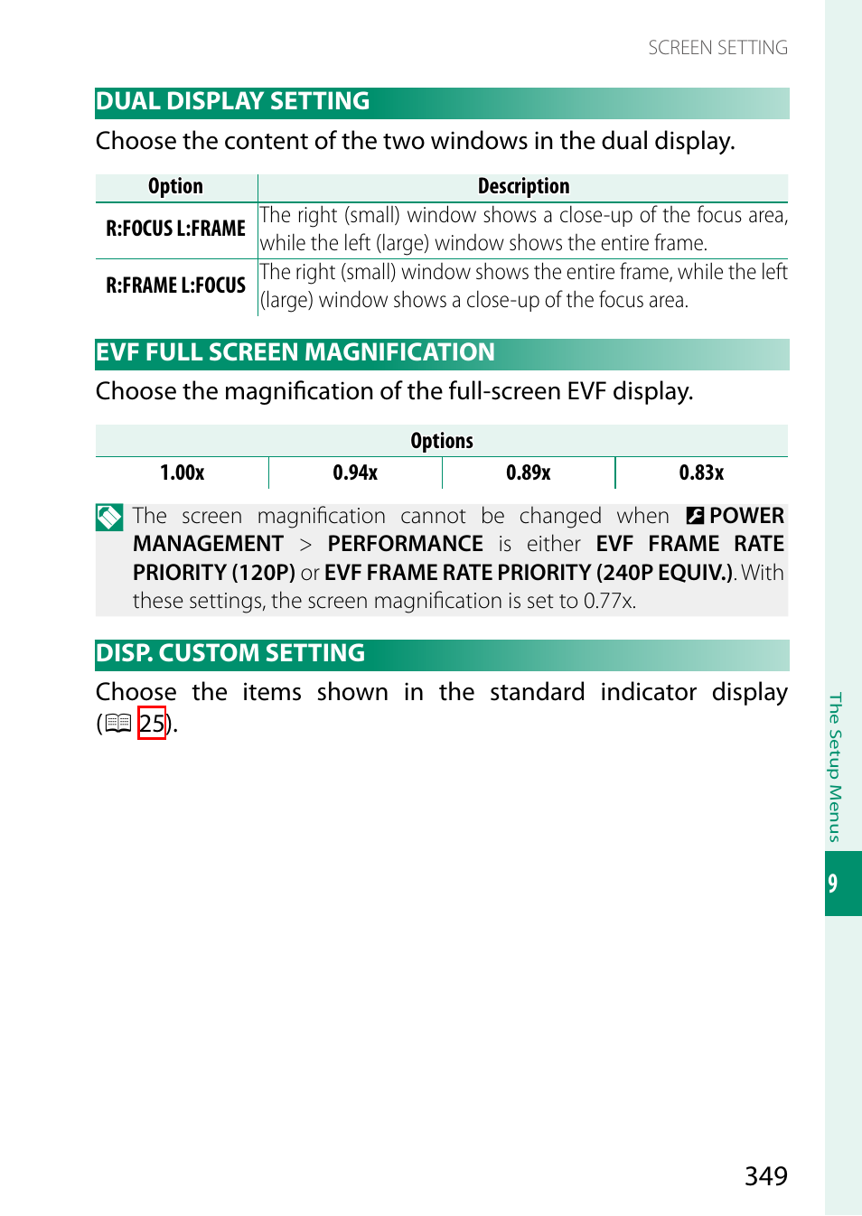 Dual display setting, Evf full screen magnification, Disp. custom setting | FujiFilm GFX100 II Medium Format Mirrorless Camera User Manual | Page 377 / 500