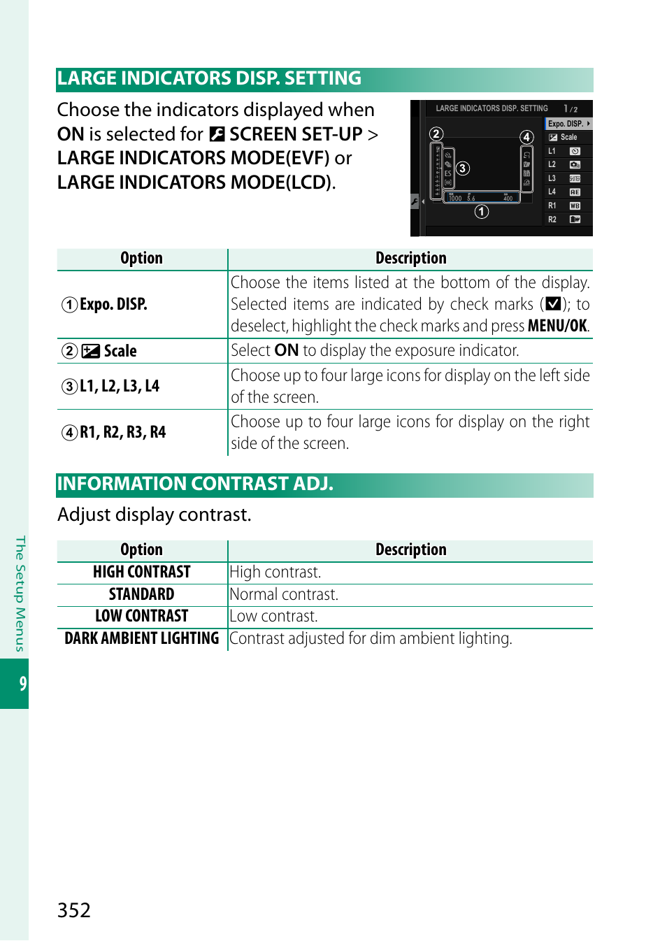 Large indicators disp. setting, Information contrast adj, Information contrast adj. adjust display contrast | FujiFilm GFX100 II Medium Format Mirrorless Camera User Manual | Page 380 / 500