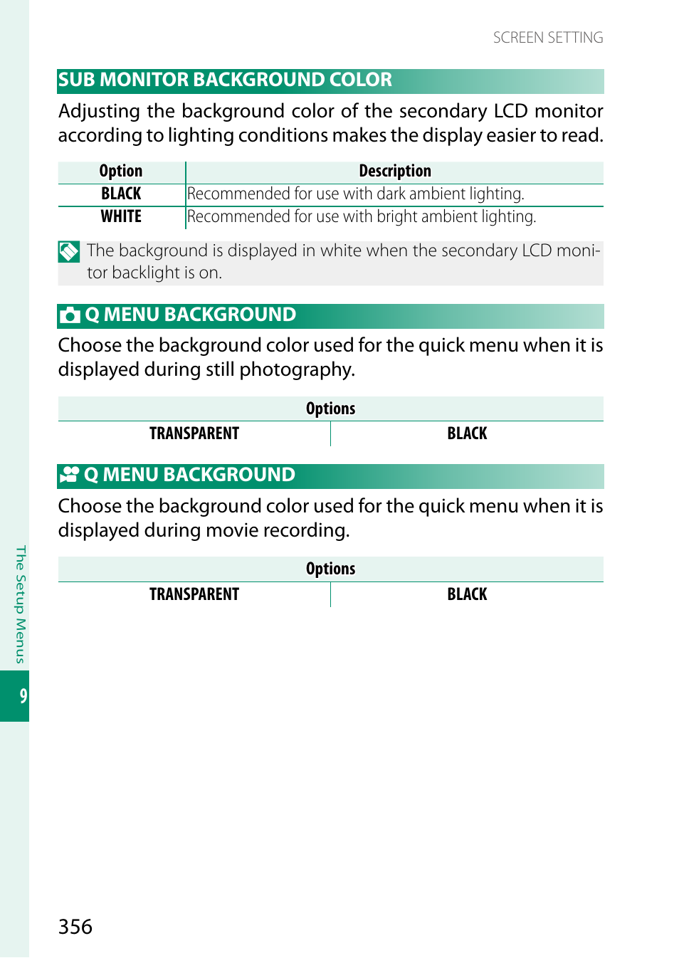 Sub monitor background color, Q menu background | FujiFilm GFX100 II Medium Format Mirrorless Camera User Manual | Page 384 / 500