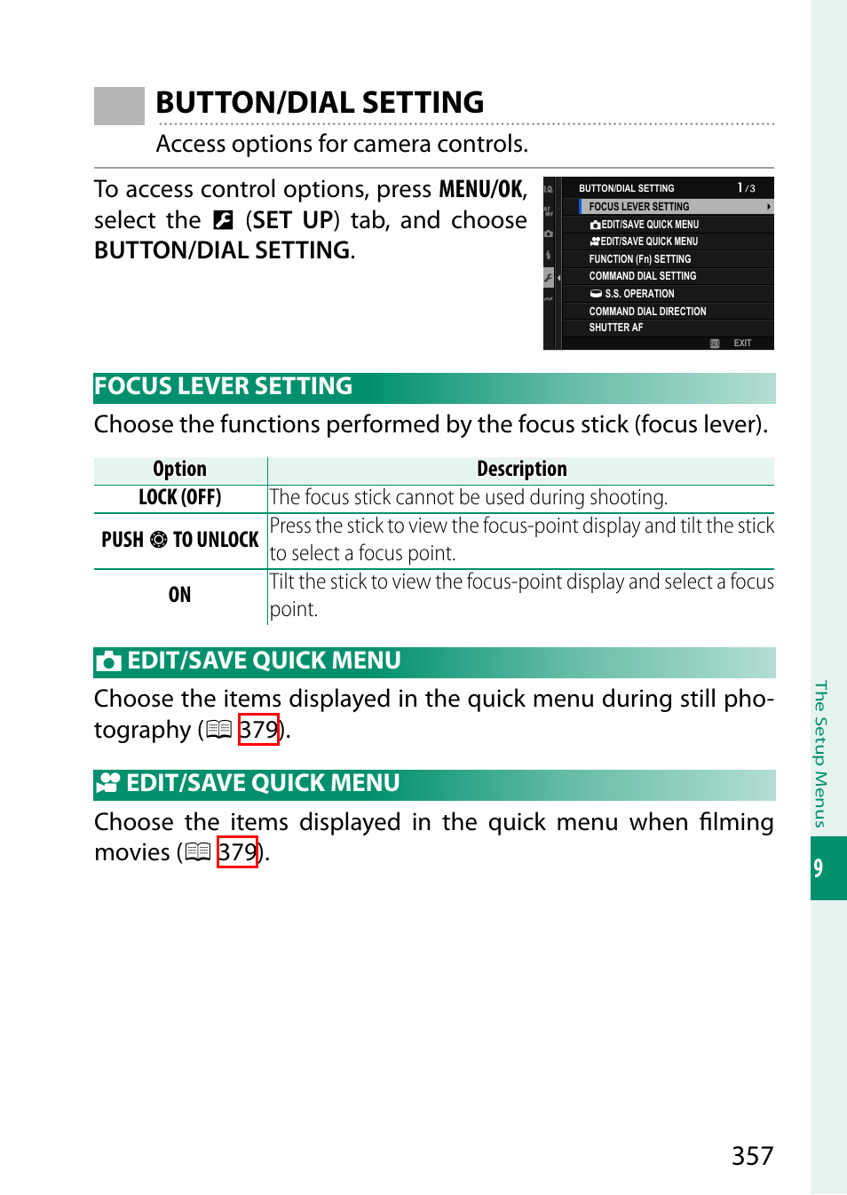 Button/dial setting, Focus lever setting, Edit/save quick menu | FujiFilm GFX100 II Medium Format Mirrorless Camera User Manual | Page 385 / 500